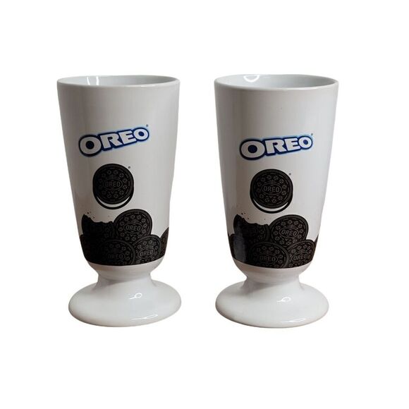 Oreo Cookies Two White Tall Ceramic Footed Glasses OREO SHAKES #A26 - Picture 1 of 7